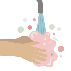 Wash your hands. hands holding soap in hand under water tap. Arm in foam soap bubbles. Vector illustration flat cartoon design isolated on background. Personal hygiene.