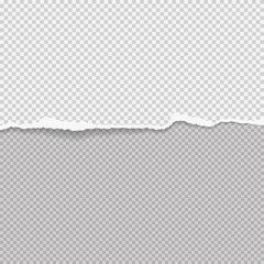Piece of torn white paper with soft shadow stuck on grey squared background. Vector illustration