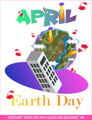 Postcard "Earth Day" with aliens and buildings, planeta © Julli