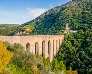 Fototapeta na wymiar Scenic view of Ponte delle Torri, ancient medieval bridge in Spoleto, Italy 