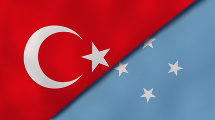 The flags of Turkey and Micronesia. News, reportage, business background. 3d illustration