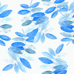 Blue watercolor branches on white background: floral seamless pattern, tender wallpaper print, spring and summer textile design.