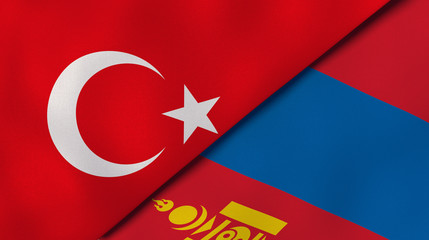 The flags of Turkey and Mongolia. News, reportage, business background. 3d illustration