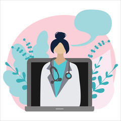 Doctor online on laptop. Online medical consultation concept. Healthcare services. Vector colorful illustration. Flat cartoon vector concept
