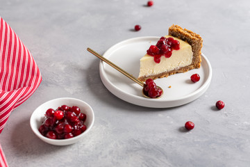 Piece of Classic New York Cheesecake with cranberry sauce on gray Concrete Background, Side View, close up