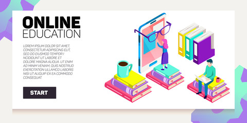 Isometric online education vector banner. E-learning. Imagination ad creativity.