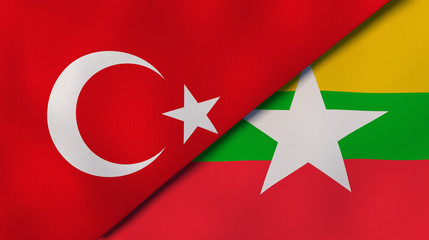 The flags of Turkey and Myanmar. News, reportage, business background. 3d illustration