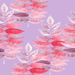 Purple-pink watercolor branches on light-purple  background: floral seamless pattern, tender wallpaper print, spring and summer textile design.