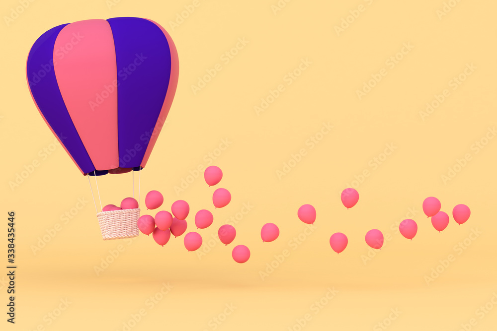 Aufkleber Minimal concept of floating balloons and weave basket on pastel background. 3D rendering.