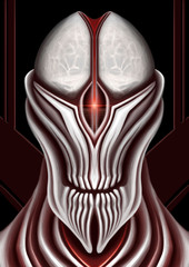 Cosmic, alien, biomechanical intelligent creature with white head, large camera-eye in the center of the head, and an open brain - computer. It looks like human robot from the future. Dark character.