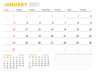 Calendar template for January 2021. Business monthly planner. Stationery design. Week starts on Sunday. Vector illustration