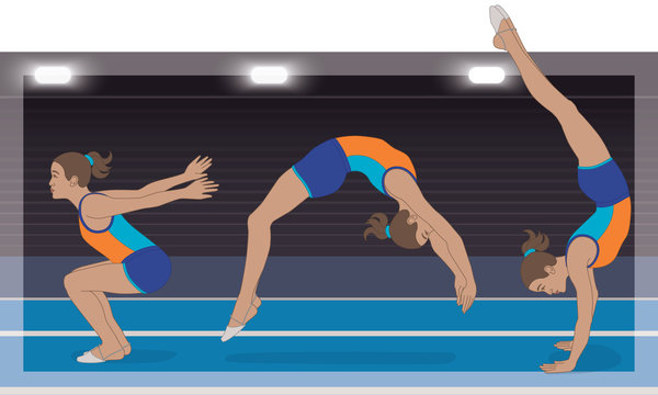 gymnastics tumbling, female tumbler in three poses of a back flip on a tumbling track against a dark background with spotlights