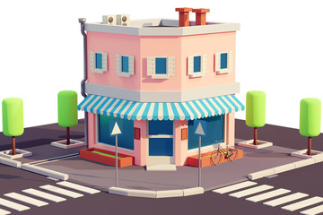 Bakery or shop building in house with isometric style. Storefront and sidewalk on street. 3D render Illustration