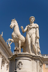 Statue of Pollux in front of the Senatorio Palace in the Piazza del Campidoglio at the top of Capitoline Hill in Rome, Italy, Europe