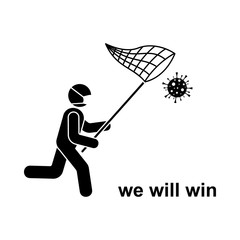 Coronavirus stick figure running man with butterfly net icon sign symbol vector illustration pictogram. Stickman in mask fighting, catching virus, under control, win infection silhouette set on white