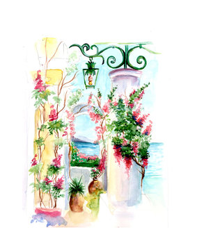 Aquarelle painting of Vintage garden sketch art illustration