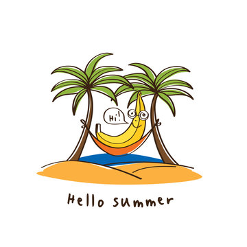 Hello summer. Cute banana in a hammock on beach under two palm tree. Vector.