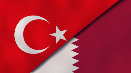 The flags of Turkey and Qatar. News, reportage, business background. 3d illustration