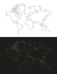 Simplified outline world maps. Generalized, round corners world maps. Isolated vector on black and white background.
