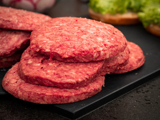 Closeup of fresh defrosted wagyu burger pattys