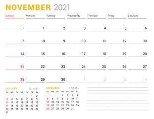 Calendar template for November 2021. Business monthly planner. Stationery design. Week starts on Sunday. Vector illustration