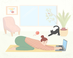 Girl practices yoga with laptop. Work from home. Freelancer Yoga. Quarantine. Vector flat illustration.
