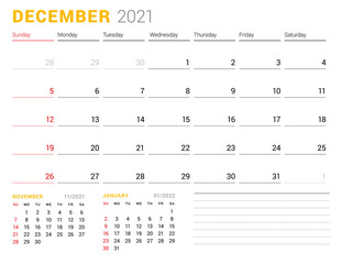 Calendar template for December 2021. Business monthly planner. Stationery design. Week starts on Sunday. Vector illustration