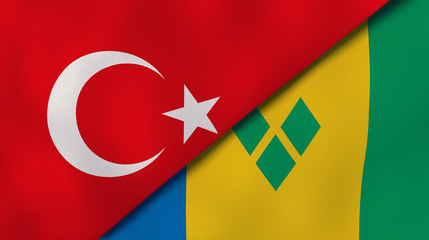 The flags of Turkey and Saint Vincent and Grenadines. News, reportage, business background. 3d illustration