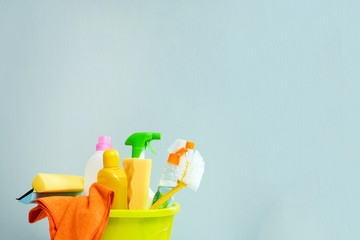 Arsenal for cleaning is on the grey background. Cleaning in a house. Clean and wash house. Cleaning...