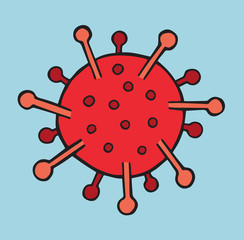 Hand drawn vector illustration of Wuhan corona virus, covid-19 in red color, on blue background.