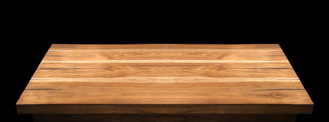 Perspective view of wood or wooden table top corner on black background including clipping path