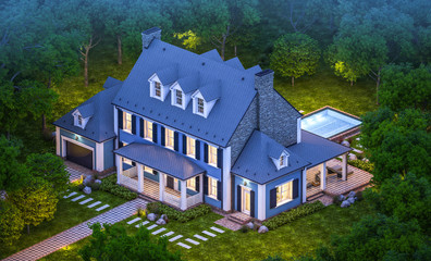 Fototapeta na wymiar 3d rendering of modern cozy classic house in colonial style with garage and pool for sale or rent with beautiful landscaping on background. Clear summer night with many stars on the sky.