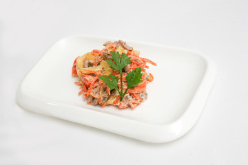 salad carrots meat potatoes white background
