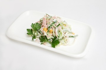 salad corn ham cucumber white background