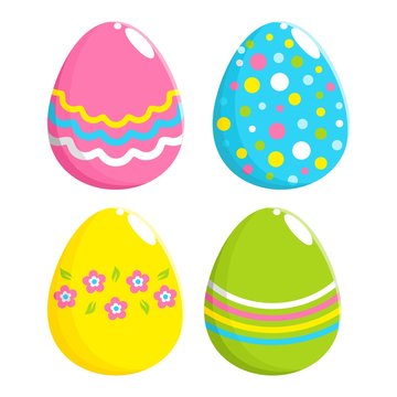 Set of multicolored colorful cute easter eggs in yellow, pink, blue and green. Patterns with polka dots, stripes, waves, zigzags and flowers with leaves. Cartoon flat style. Vector illustration.
