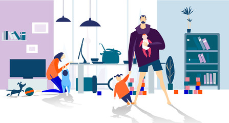 Working from home concept illustration. Lockdown, family stuck in home with kids during quarantine. Plan your day. Freelance. Work from home. Home office, remote working. 