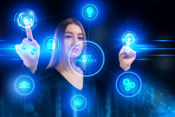 Business, Technology, Internet and network concept. Young businessman working on a virtual screen of the future and sees the inscription: Best practice
