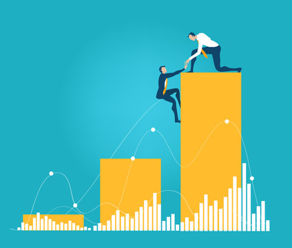 Business people stand at growth bars, representing working together, growing, developing and supporting business, finding solutions and think outside the box. Business concept illustration 