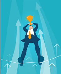 Businessman makes tight-walk walking and holding golden trophy up. Dangerous financial situation. concept illustration