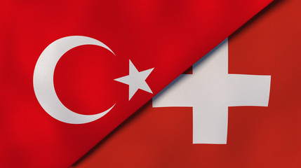 The flags of Turkey and Switzerland. News, reportage, business background. 3d illustration