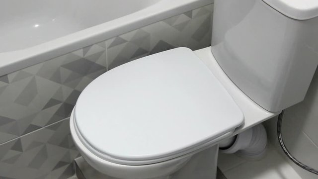 Man Hand Close Toilet Lid, Close Up. In Bathroom
