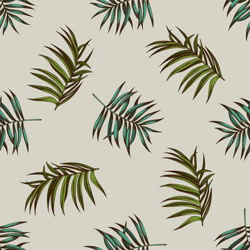 Seamless pattern with hand drawn colored tropical palm leaves