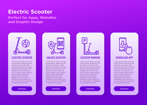 Electric scooter mobile user interface with thin line icons: sharing service, charging, unlock scooter, parking. Modern vector illustration, template with copy space.