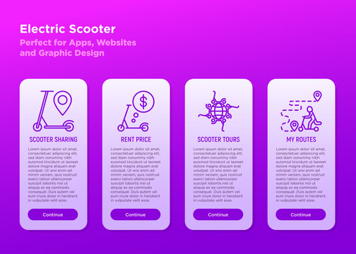 Electric scooter mobile user interface with thin line icons: pointer, route, rental price, sharing service. Modern vector illustration, template with copy space.