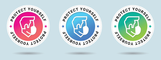 Fototapeta na wymiar Protect yourself insignia stamp. Vector certificate icon. Set of 3 beautiful color gradients. Vector combination for certificate in flat style.