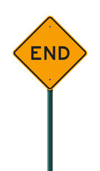 Vector illustration of the End Diamond Shape Yellow road sign on metallic post