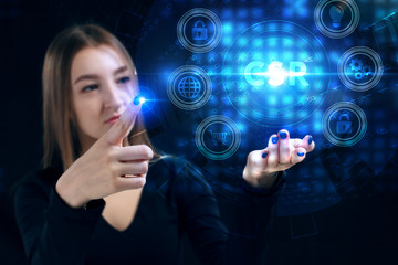 Business, Technology, Internet and network concept. Young businessman working on a virtual screen of the future and sees the inscription: CSR