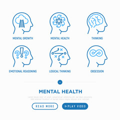 Mental health thin line icons set: mental growth, negative thinking, emotional reasoning, logical plan, obsession. Modern vector illustration. - obrazy, fototapety, plakaty