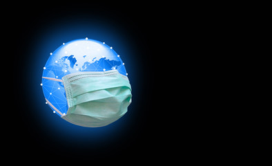 The earth with a surgical mask over it to prevention Coronavirus Covid-19 pandmic,infection, outbreak and spreading.