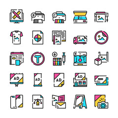 Typography symbols color linear vector icon set